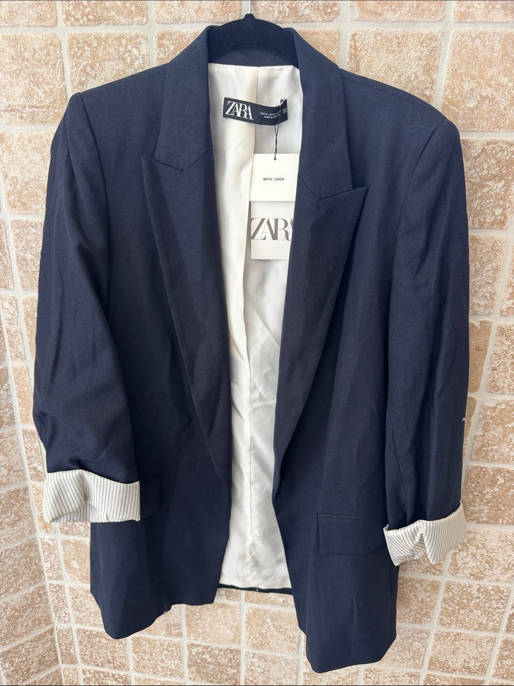 ZARA Navy Blazer with Striped Cuff Lining
